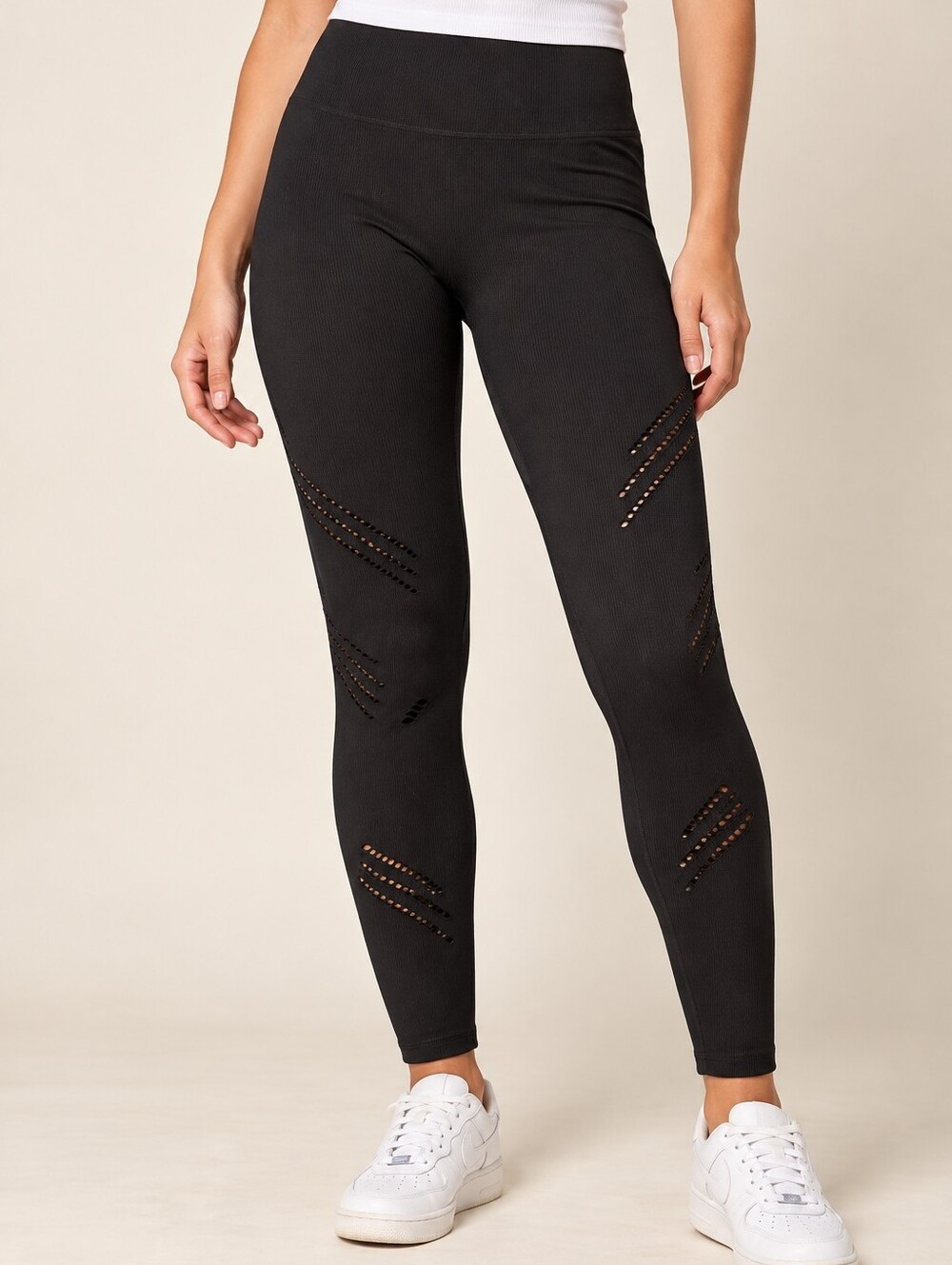 Supper Stretchy - Black - Women Sport Leggings with Laser-Cut Details - Large